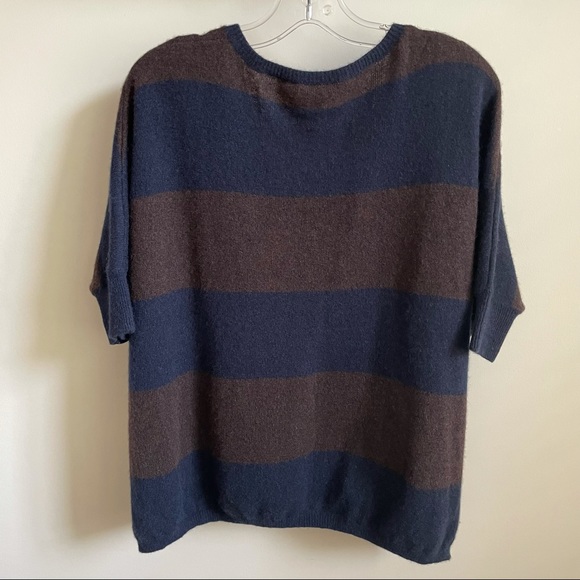 MINNIE ROSE Cashmere Striped 3/4 Sleeve Navy and Brown Oversized Sweater XS/S - Picture 3 of 9